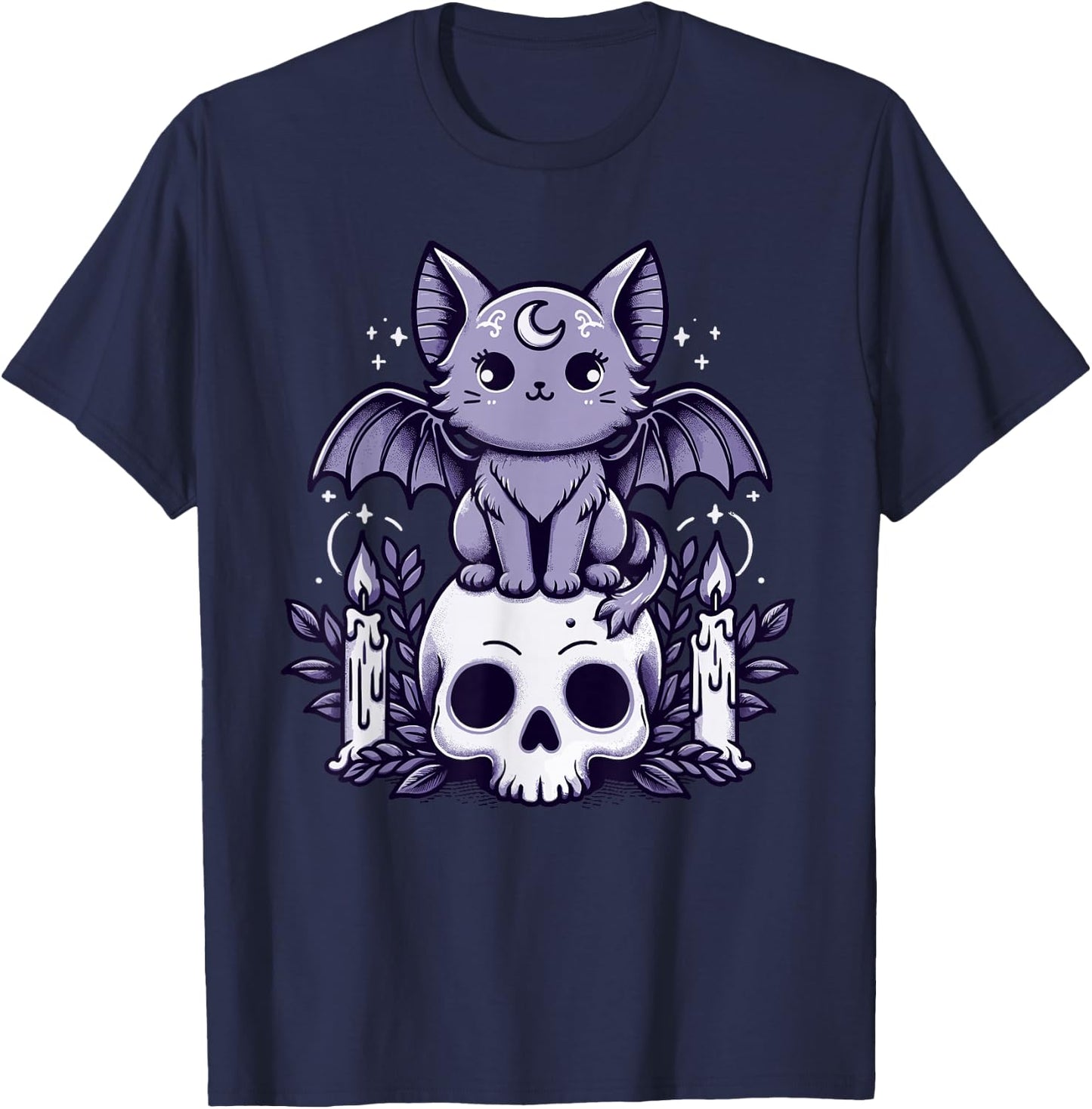Kawaii Pastel Goth Cute Creepy Cat Bat Skeleton T-Shirt - T-Shirt | Navy