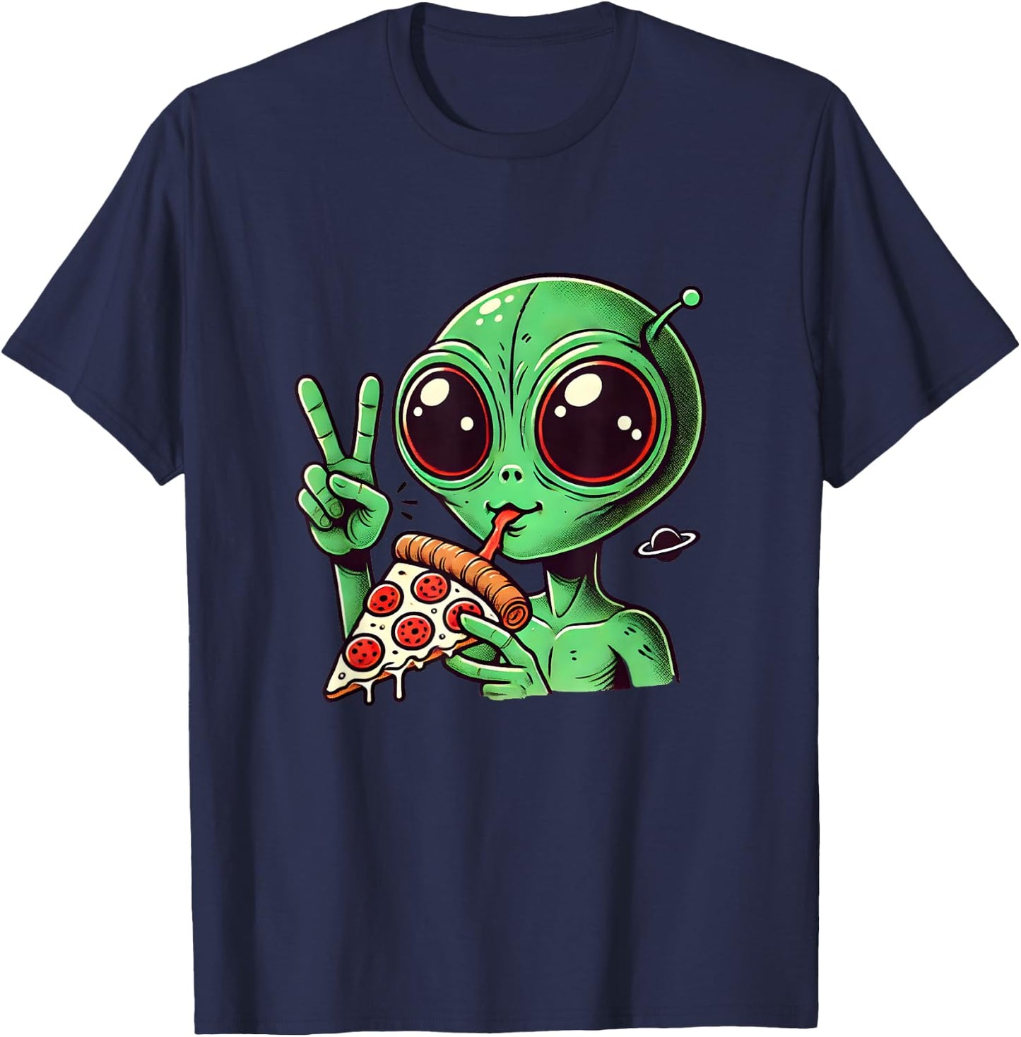 Funny Alien Head Eating Pizza UFO Extraterrestrial T-Shirt - T-Shirt | Navy