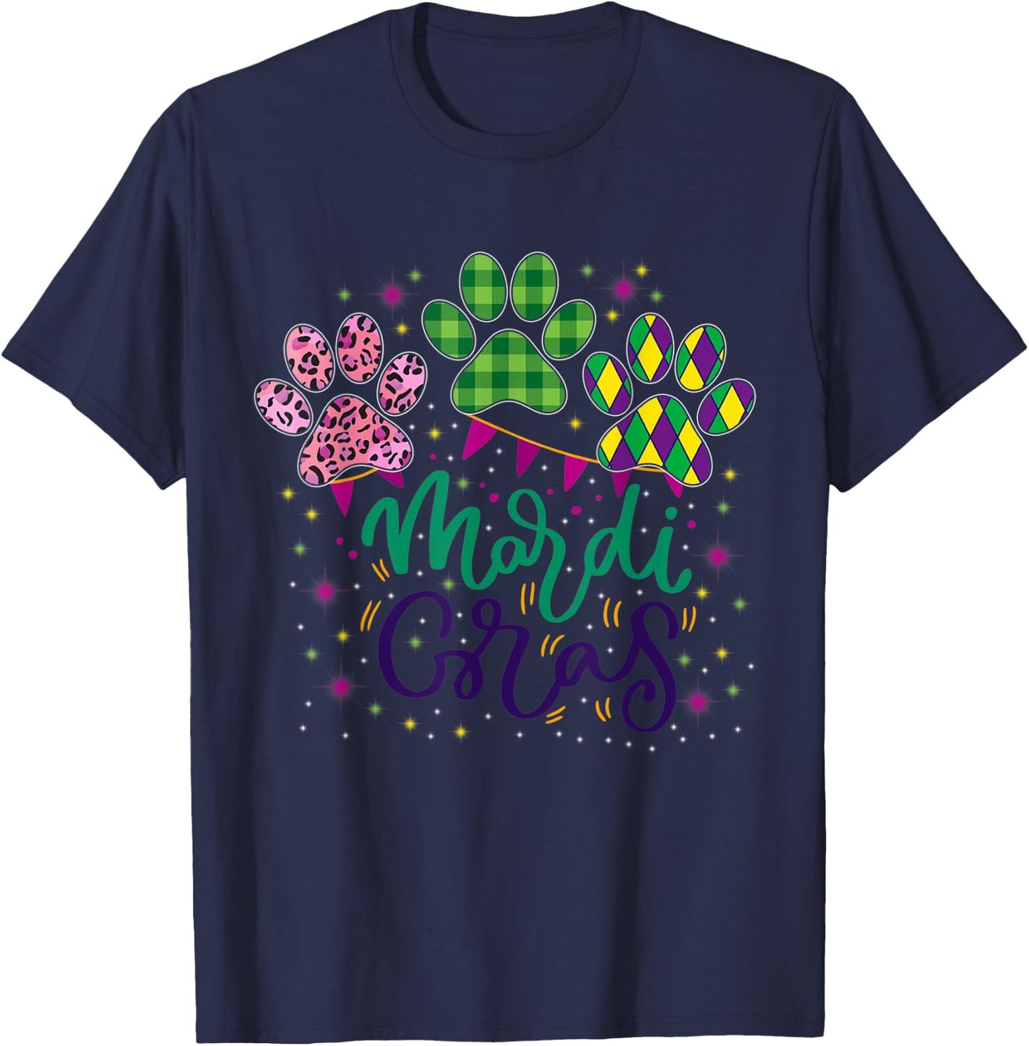Leopard Print And Buffalo Plaid Dog Paw Mardi Gras Beads Men Women T-Shirt - T-Shirt | Navy