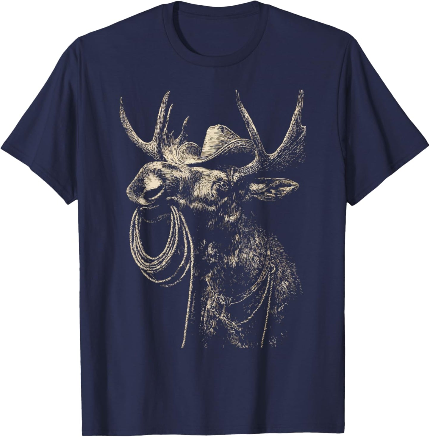 Rustic Moose with Cowboy Hat Lasso Western Animal Rodeo T-Shirt - T-Shirt | Navy