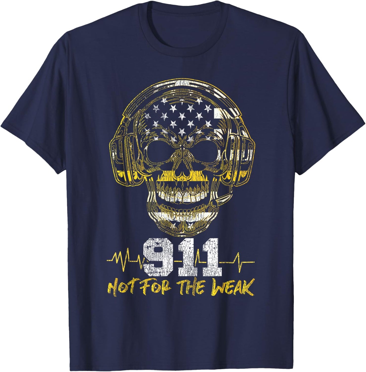911 Dispatcher Thin Gold Yellow Line American Flag Skull Xxx T-Shirt - T-Shirt | Navy