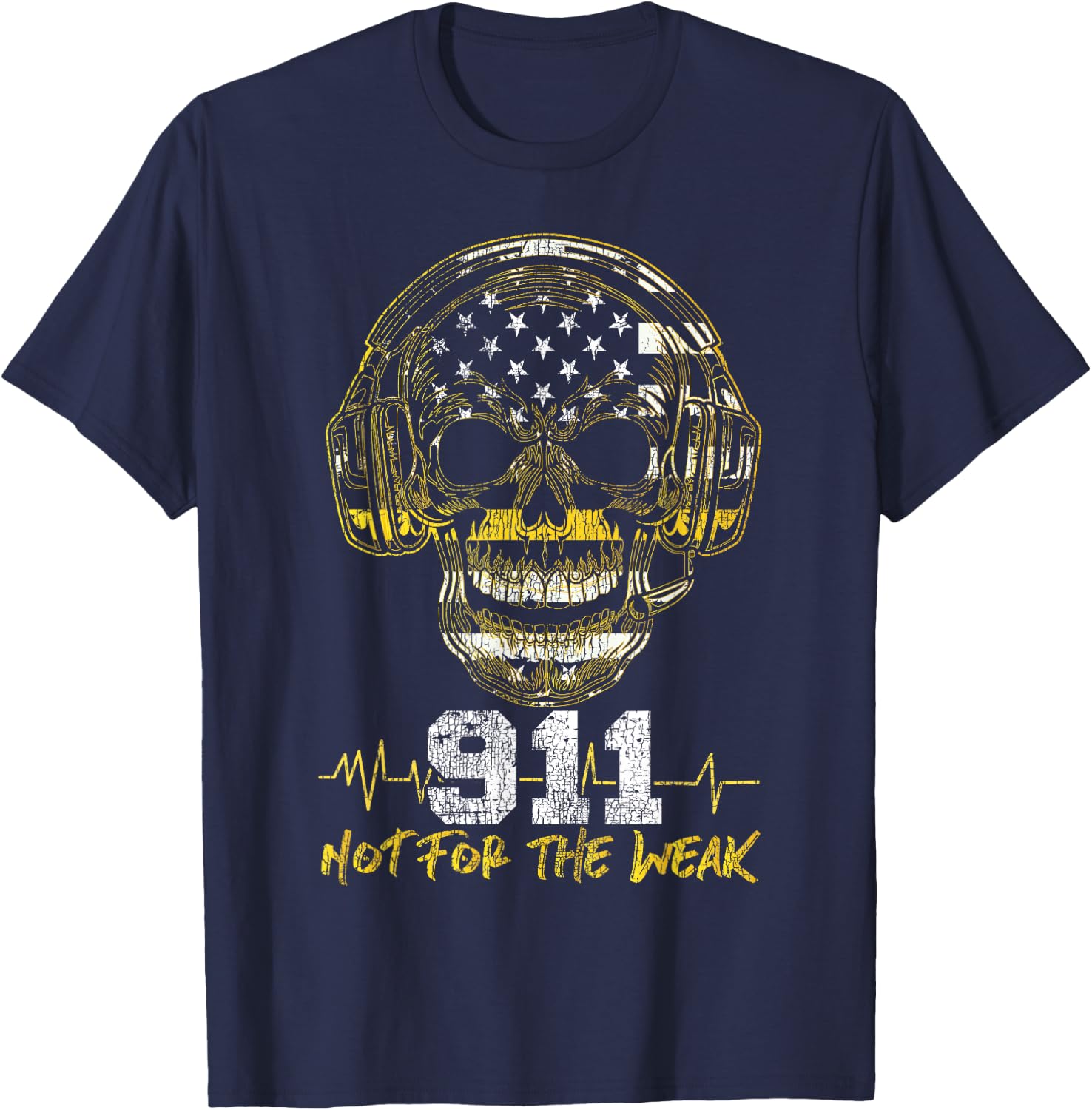911 Dispatcher Thin Gold Yellow Line American Flag Skull Xxx T-Shirt - T-Shirt | Navy
