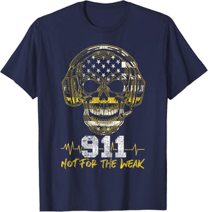 911 Dispatcher Thin Gold Yellow Line American Flag Skull Xxx T-Shirt - T-Shirt | Navy
