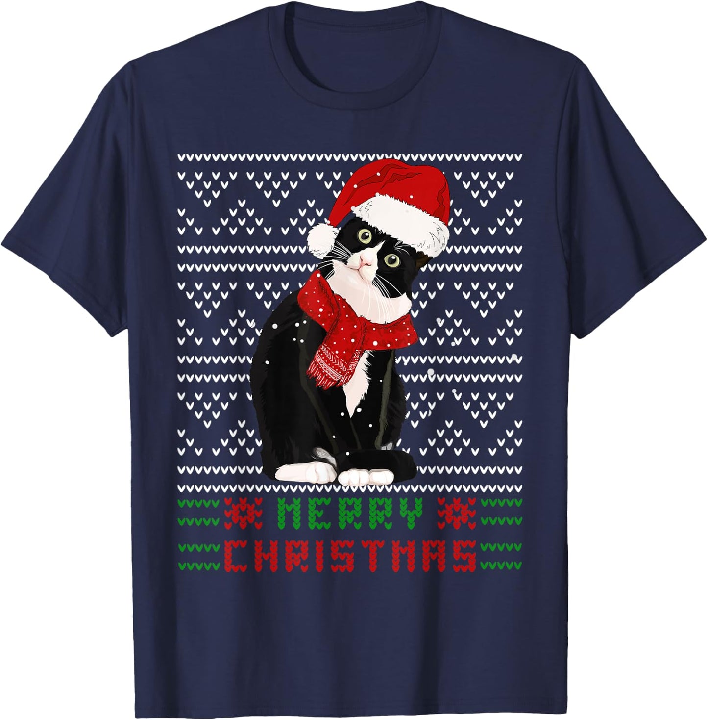 Ugly Christmas Black Cat Santa Hat Scarf Cute Tuxedo Cat Men Women Kids T-Shirt - T-Shirt | Navy