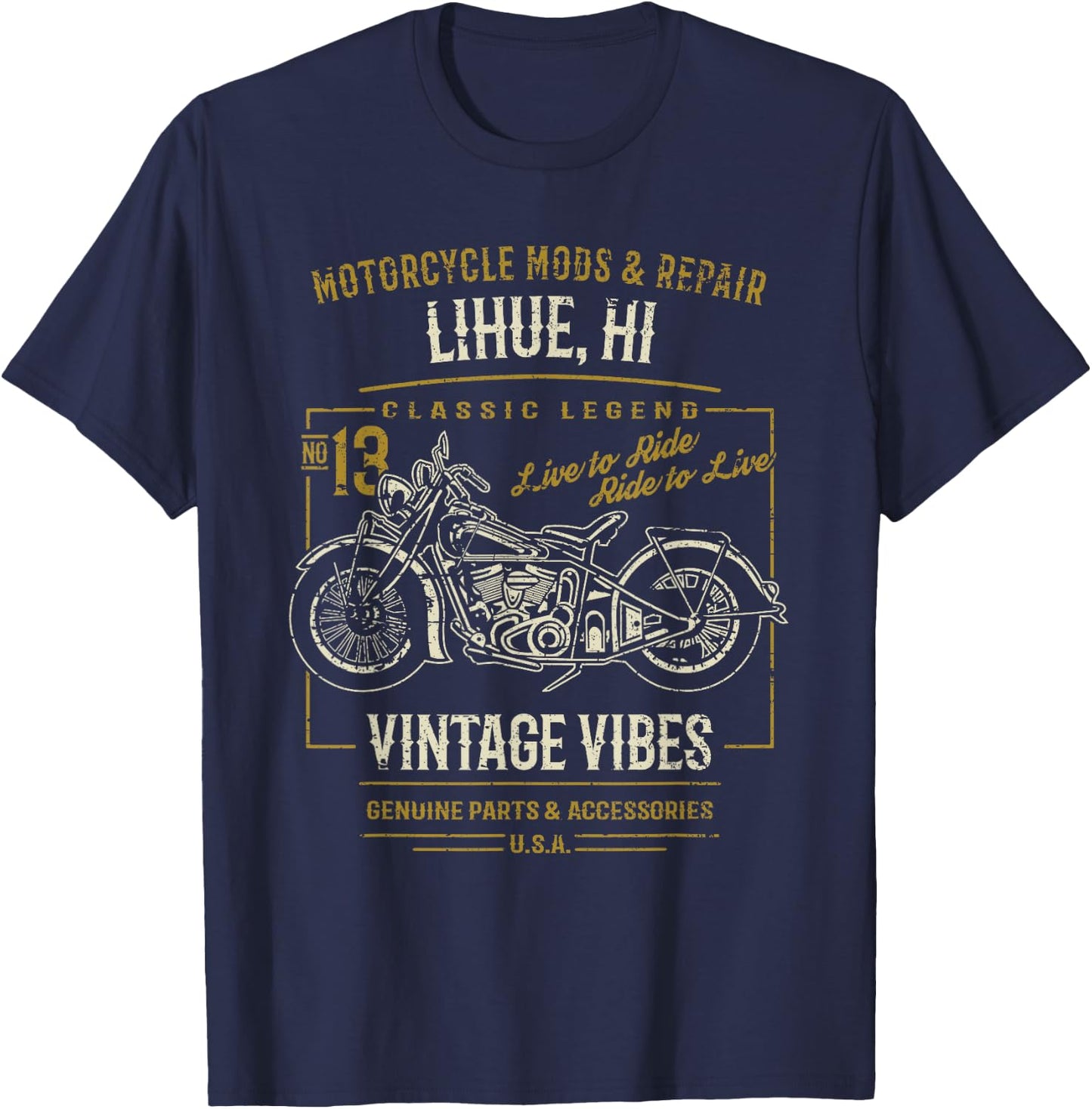 Lihue Hawaii USA Retro Distressed Style Motorcycle Design T-Shirt - T-Shirt | Navy