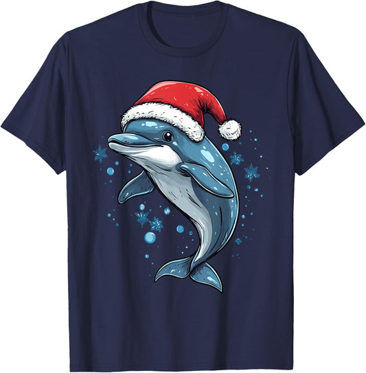 Funny Xmas Dolphin Lovers Christmas Pajama Dolphin Santa Hat T-Shirt - T-Shirt | Navy