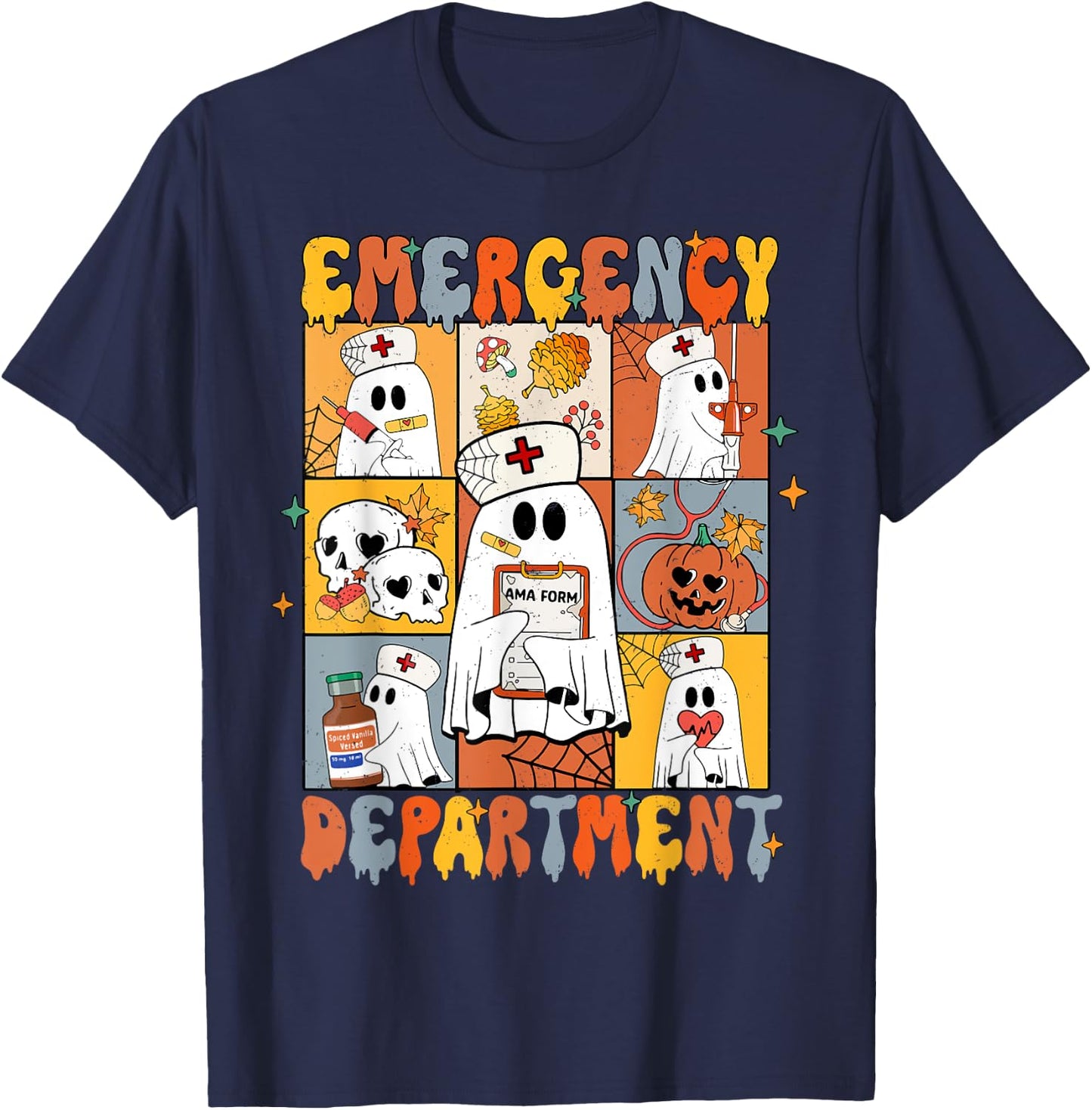 Emergency Department Halloween Cute Pumpkin Ghost ER Nurse T-Shirt - T-Shirt | Navy