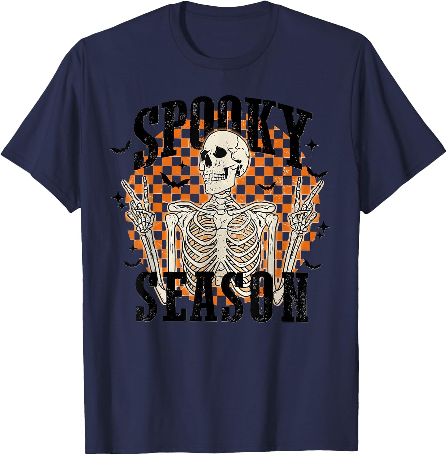 Spooky Season Skeleton Checkerboard Funny Halloween T-Shirt - T-Shirt | Navy
