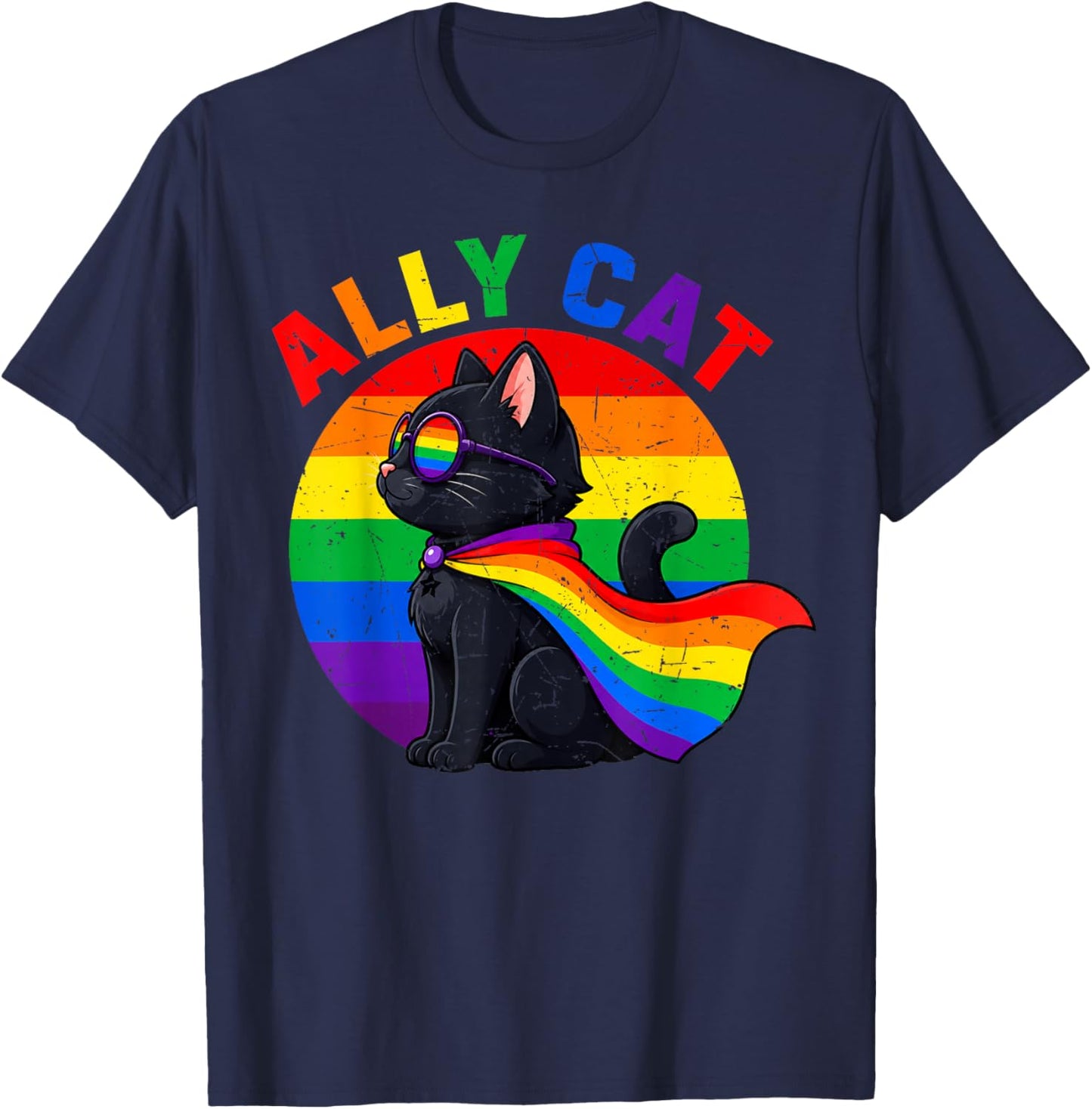 Ally Cat Rainbow Gay Pride LGBTQ LGBT T-Shirt - T-Shirt | Navy
