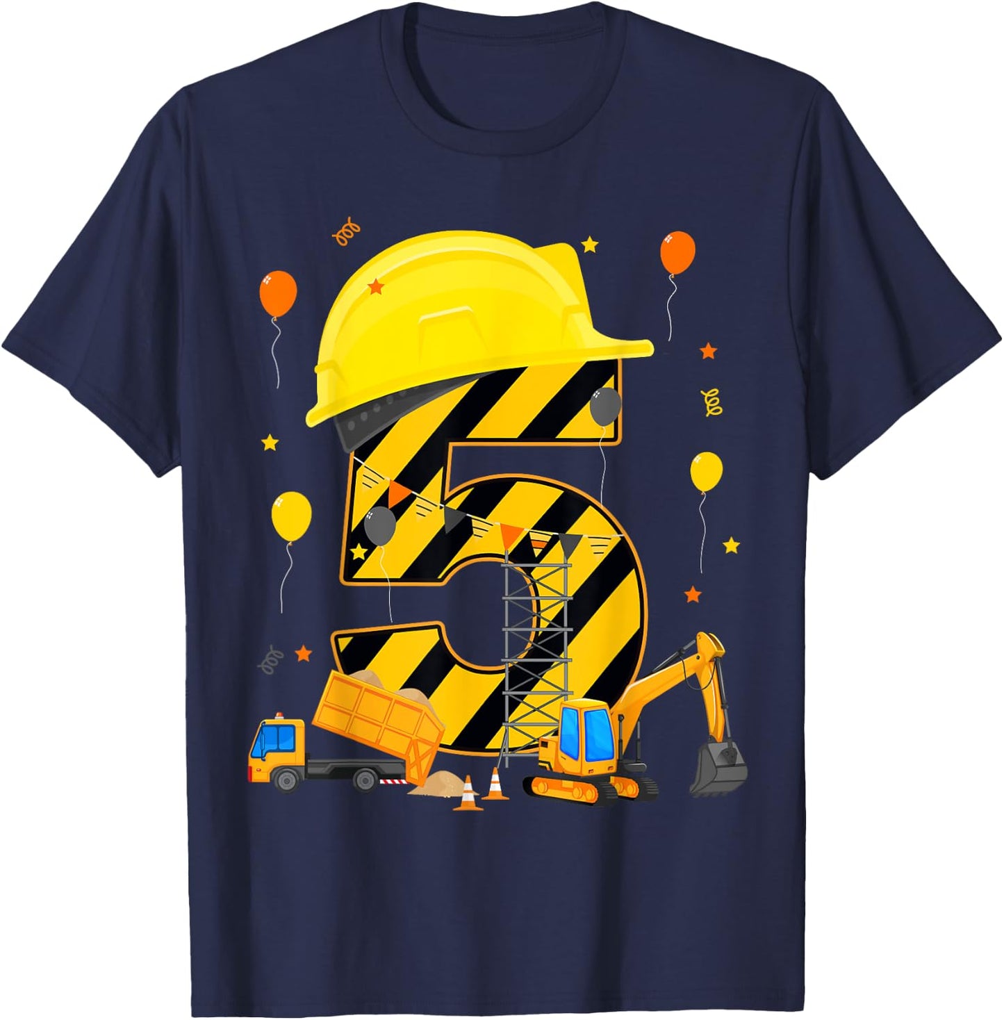 Five 5yr 5th Birthday Construction Vehicles 5 Year Old T-Shirt - T-Shirt | Navy