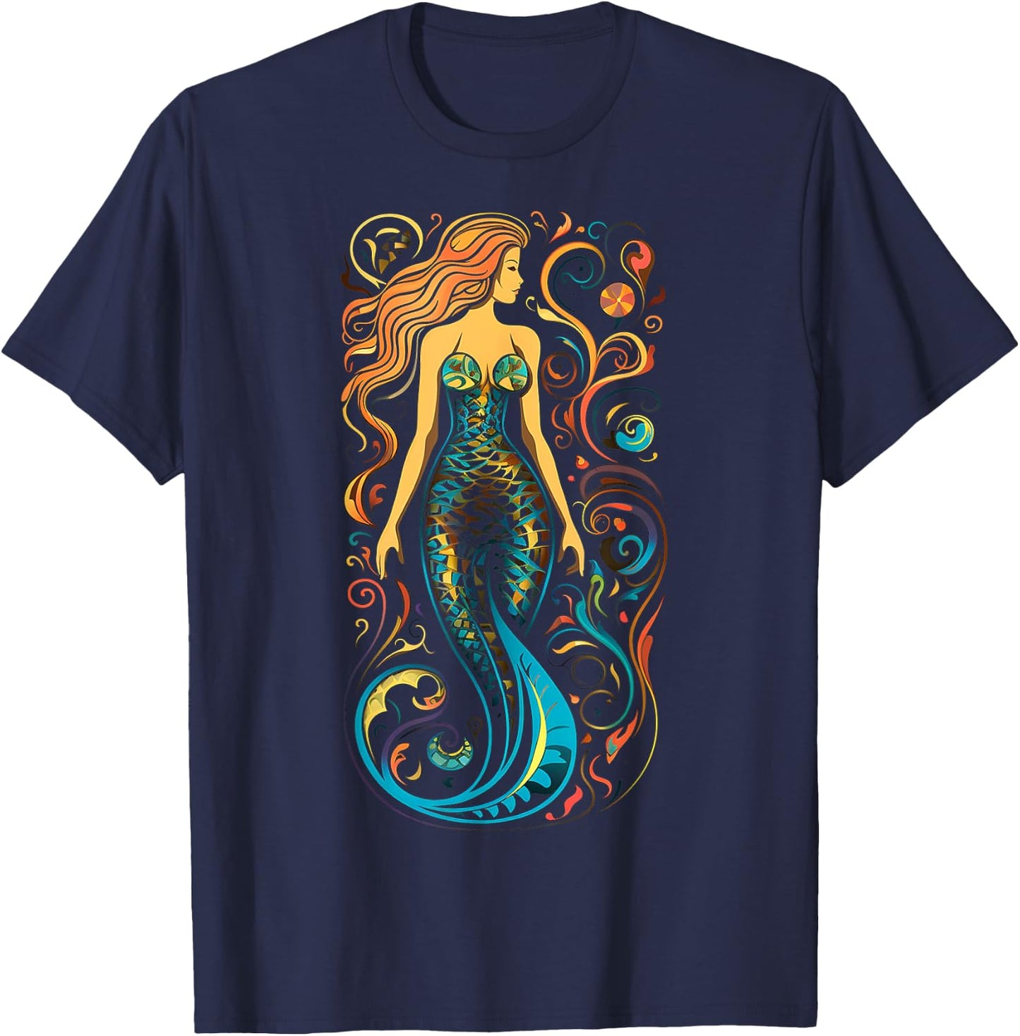 Mermaid Mandala Graphic Artwork Art Mermaid T-Shirt - T-Shirt | Navy