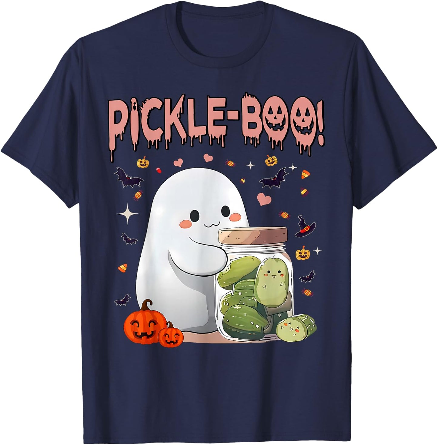 Vintage Kawaii Pickle Boo Ghost Halloween Spooky Season T-Shirt - T-Shirt | Navy