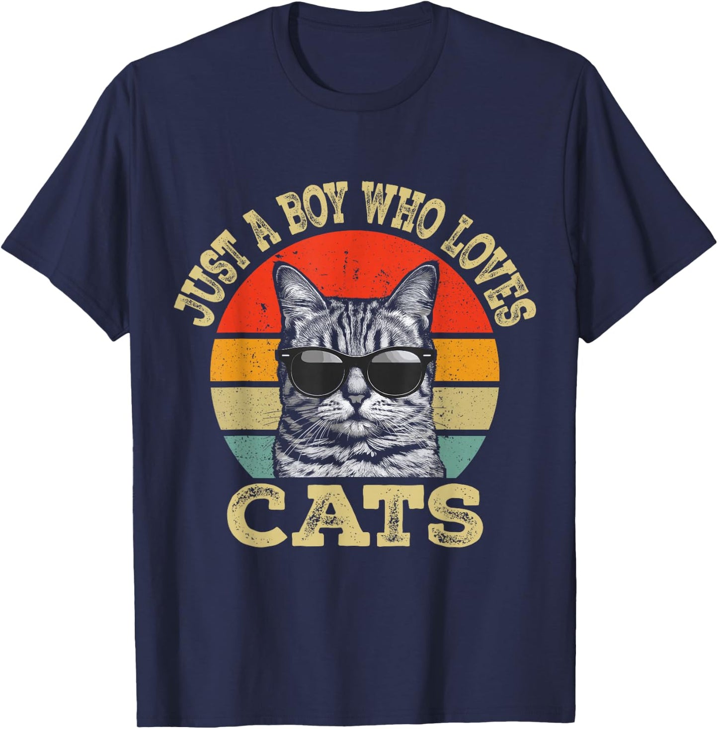 Vintage Just A Boy Who Loves Cats Boy Kid Cat Lover For Boys T-Shirt - T-Shirt | Navy