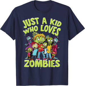 Halloween Zombie Funny Just A Kid Who Loves Zombies Kids T-Shirt - T-Shirt | Navy