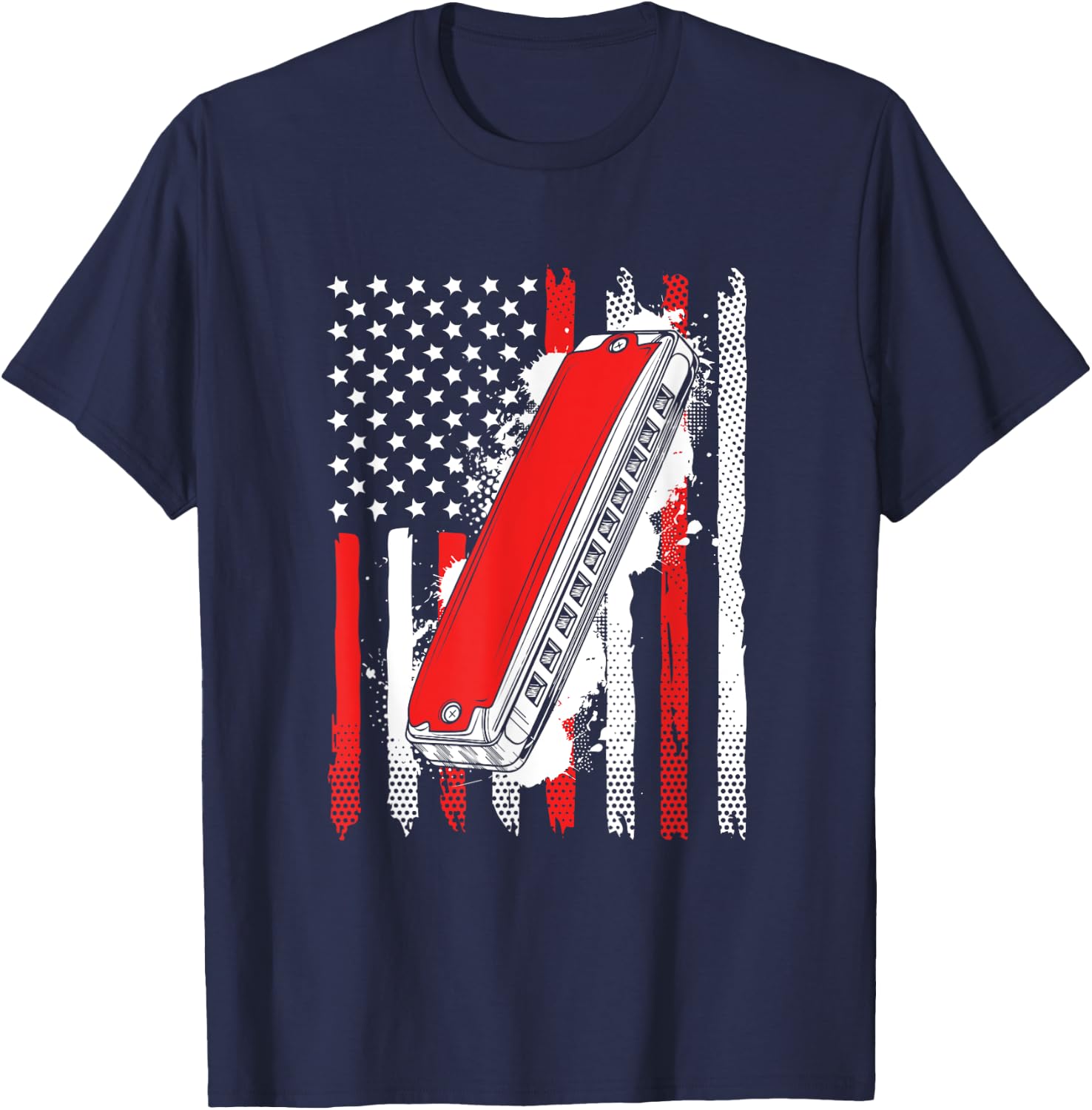 Grunge US Harmonica Flag Musical Instruments T-Shirt - T-Shirt | Navy