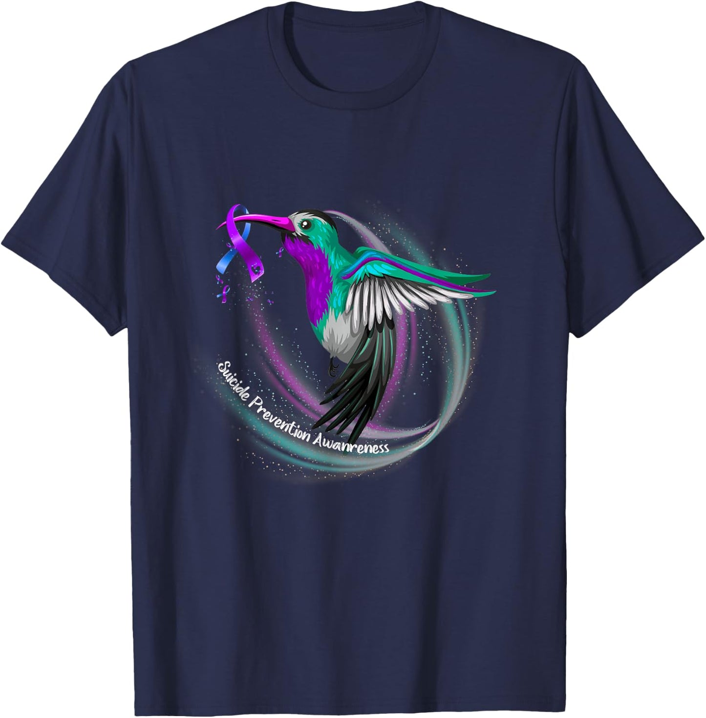 Hummingbird Purple Blue Ribbon Suicide Prevention Awareness T-Shirt - T-Shirt | Navy
