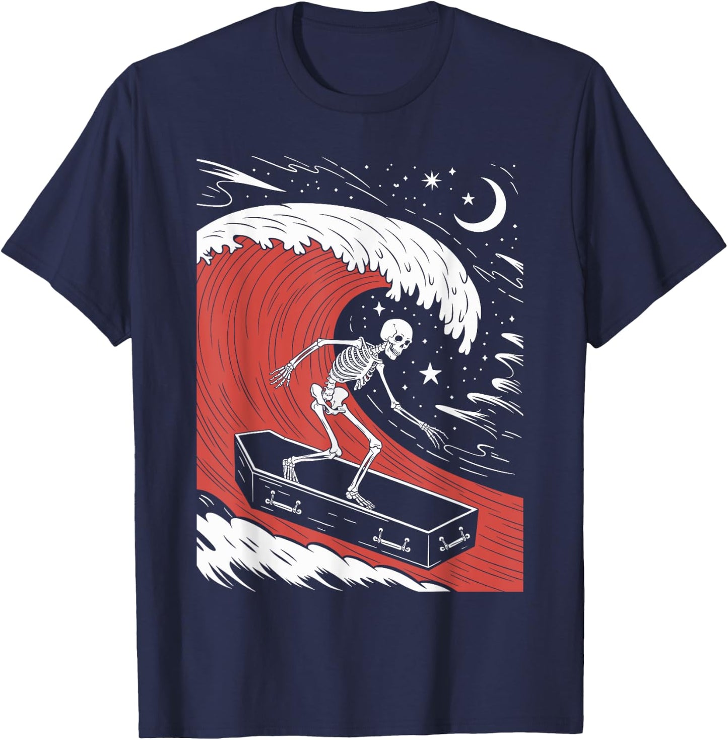 Funny Skeleton Surfing With a Coffin Spooky Halloween Surfer T-Shirt - T-Shirt | Navy