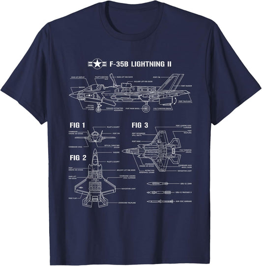 American Aircraft Stealth Fighter F35 lightning blueprint T-Shirt - T-Shirt | Navy