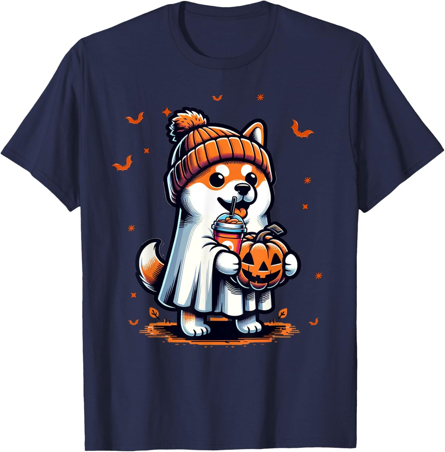 Ghost Shiba Inu Dog Pumpkin Drinks Beanie Fall Halloween Women Kids T-Shirt - T-Shirt | Navy