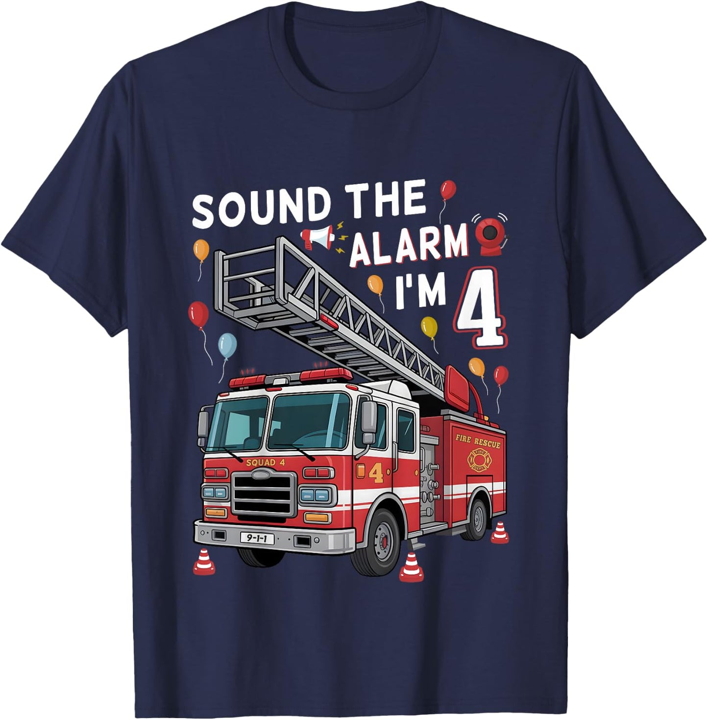 4th Birthday Boy Fire Truck 4 Year Old Boy Girl Firefighter T-Shirt - T-Shirt | Navy