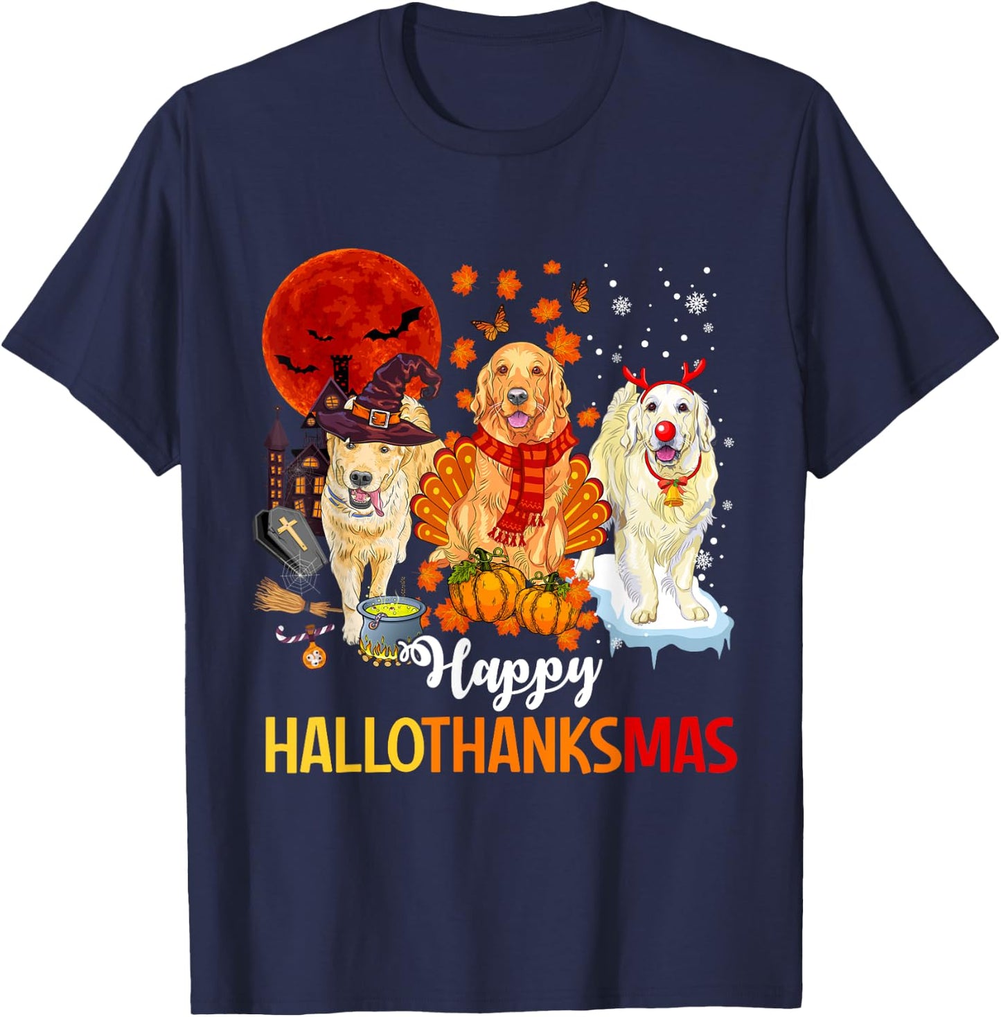 Golden Retriever Happy Hallothanksmas Halloween Thanksgiving T-Shirt - T-Shirt | Navy
