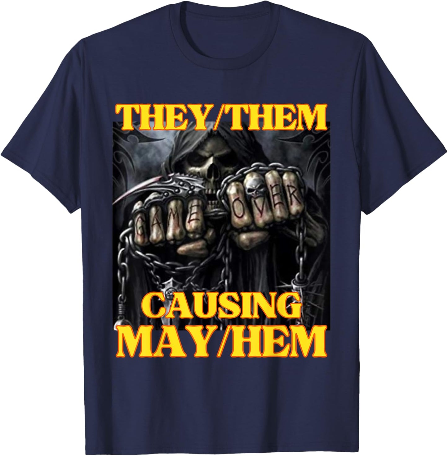 They Them Causing Mayhem Funny Cringe Hard Skeleton Meme T-Shirt - T-Shirt | Navy