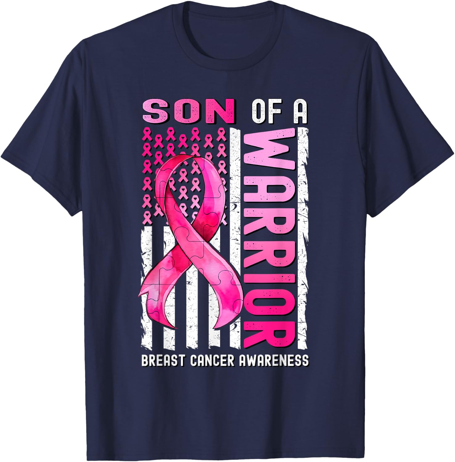 Son Of A Warrior Breast Cancer USA Flag Awareness Pink T-Shirt - T-Shirt | Navy