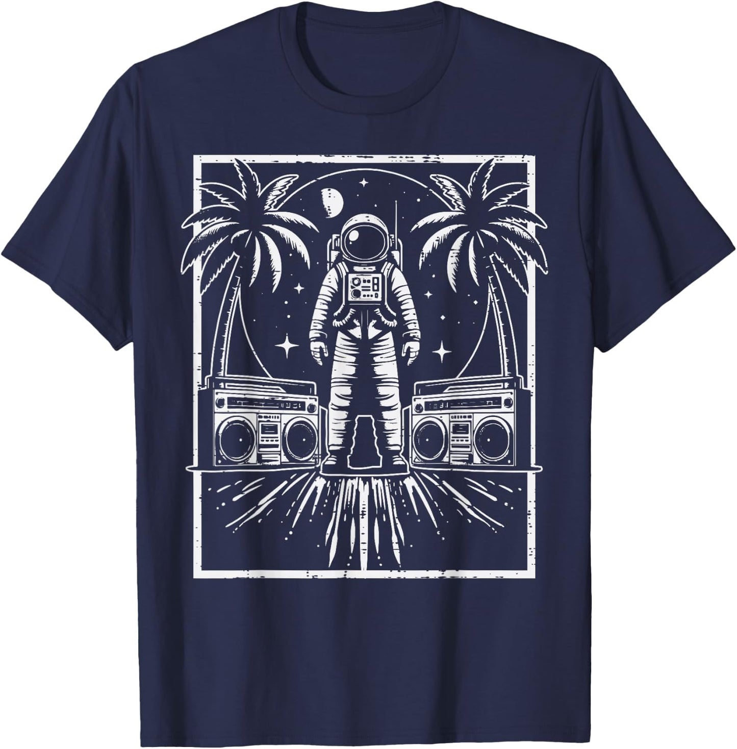 Astronaut Boomboxes Palm Trees Retro Space Men Women Kids T-Shirt - T-Shirt | Navy
