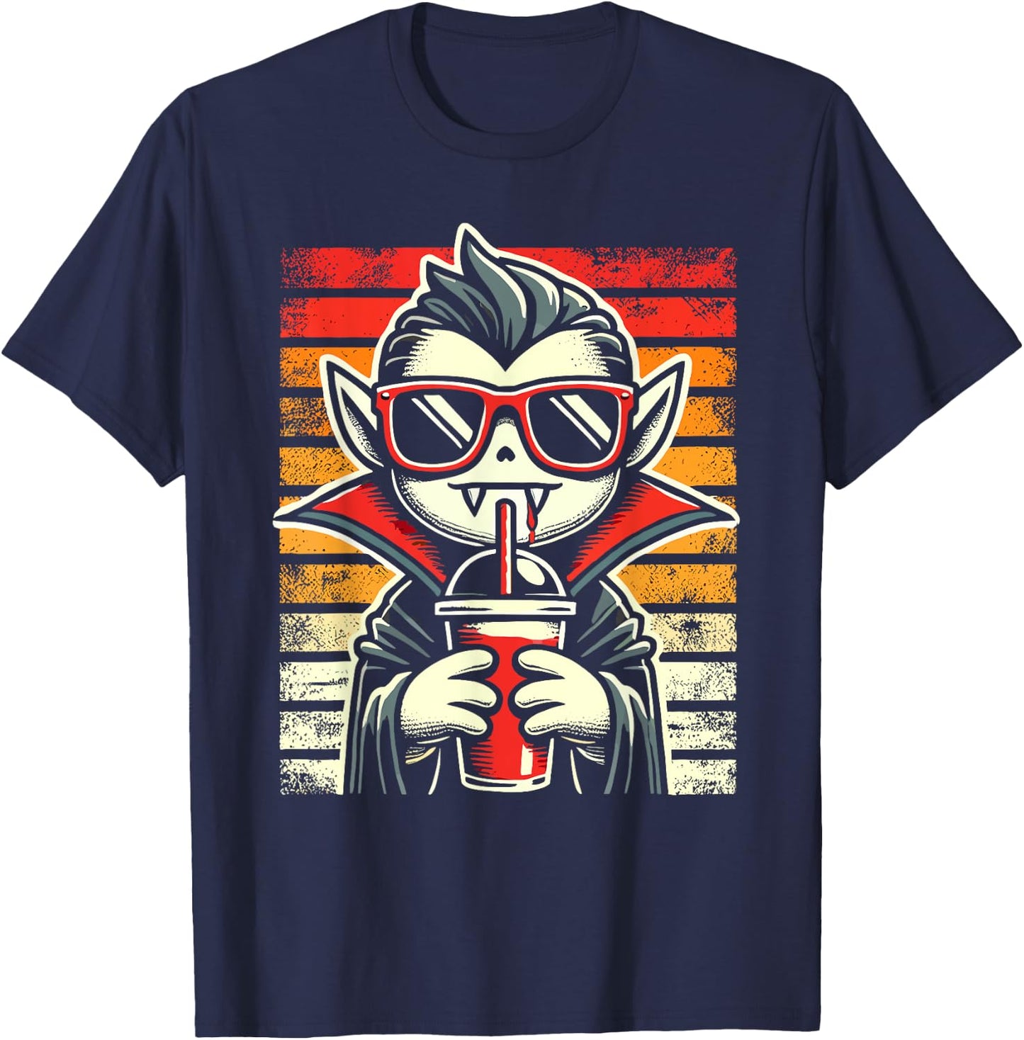Retro Hipster Vampire with Smoothie Halloween Funny Vampire T-Shirt - T-Shirt | Navy
