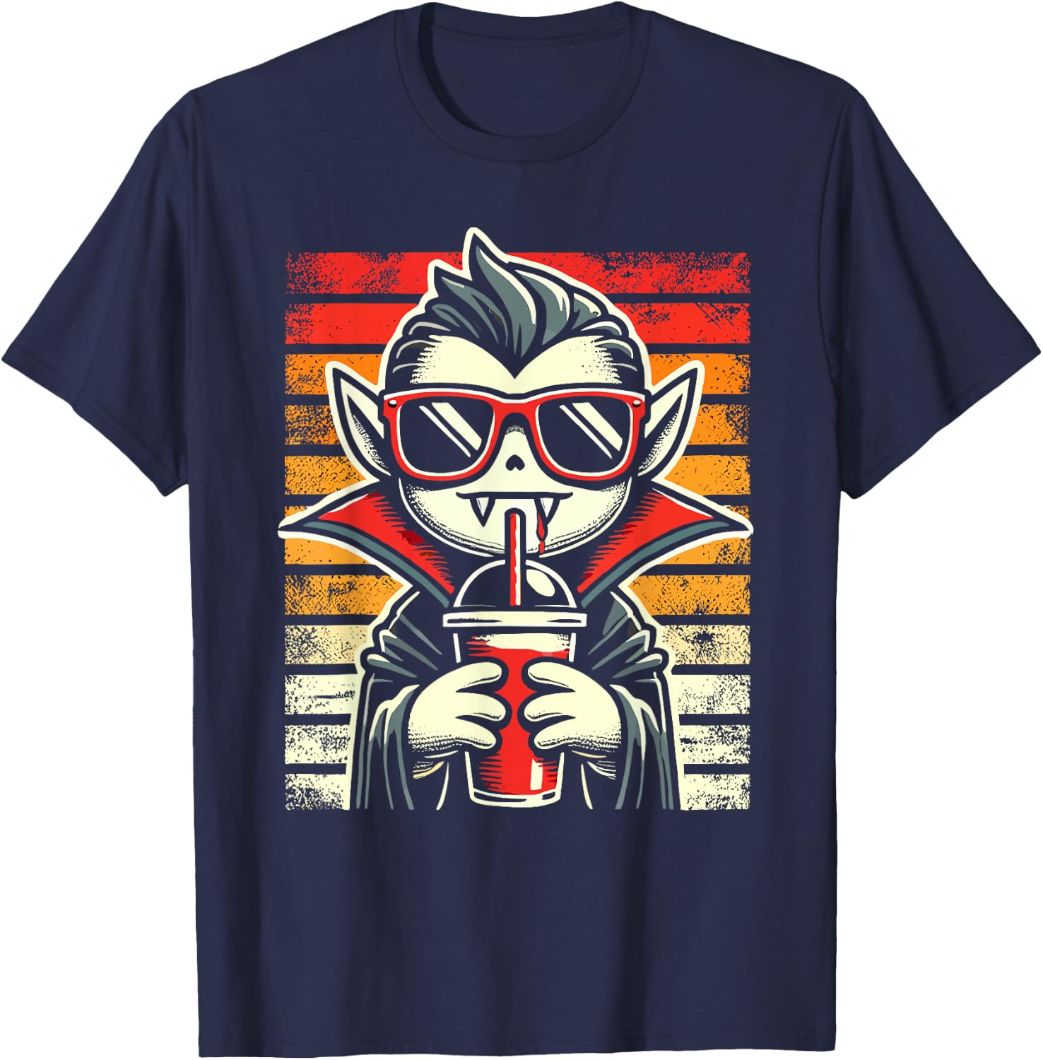 Retro Hipster Vampire with Smoothie Halloween Funny Vampire T-Shirt - T-Shirt | Navy