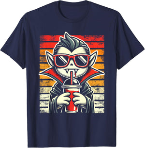 Retro Hipster Vampire with Smoothie Halloween Funny Vampire T-Shirt - T-Shirt | Navy