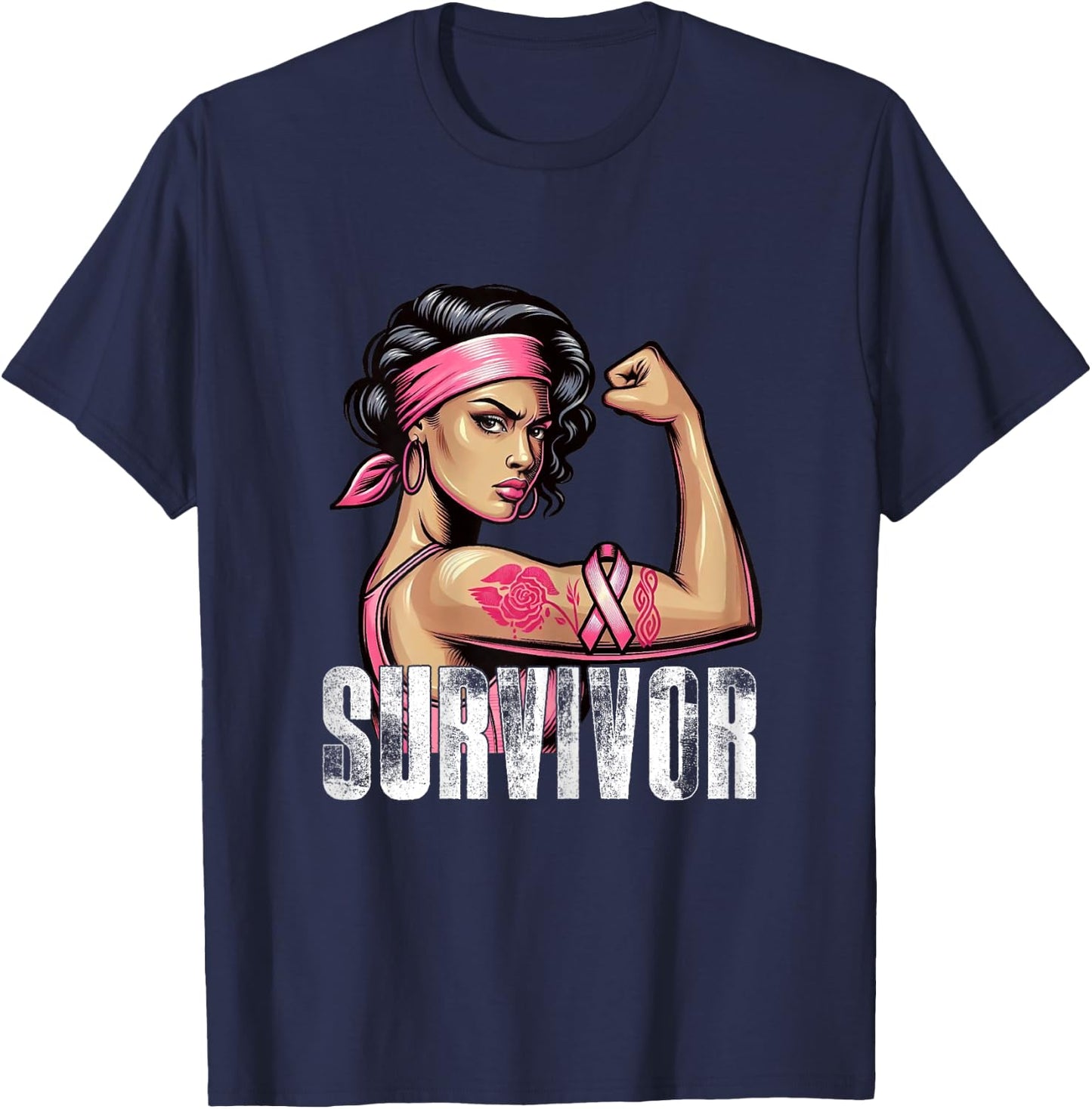 Breast Cancer Survivor Rosie Riveter Pink Awareness Women T-Shirt - T-Shirt | Navy
