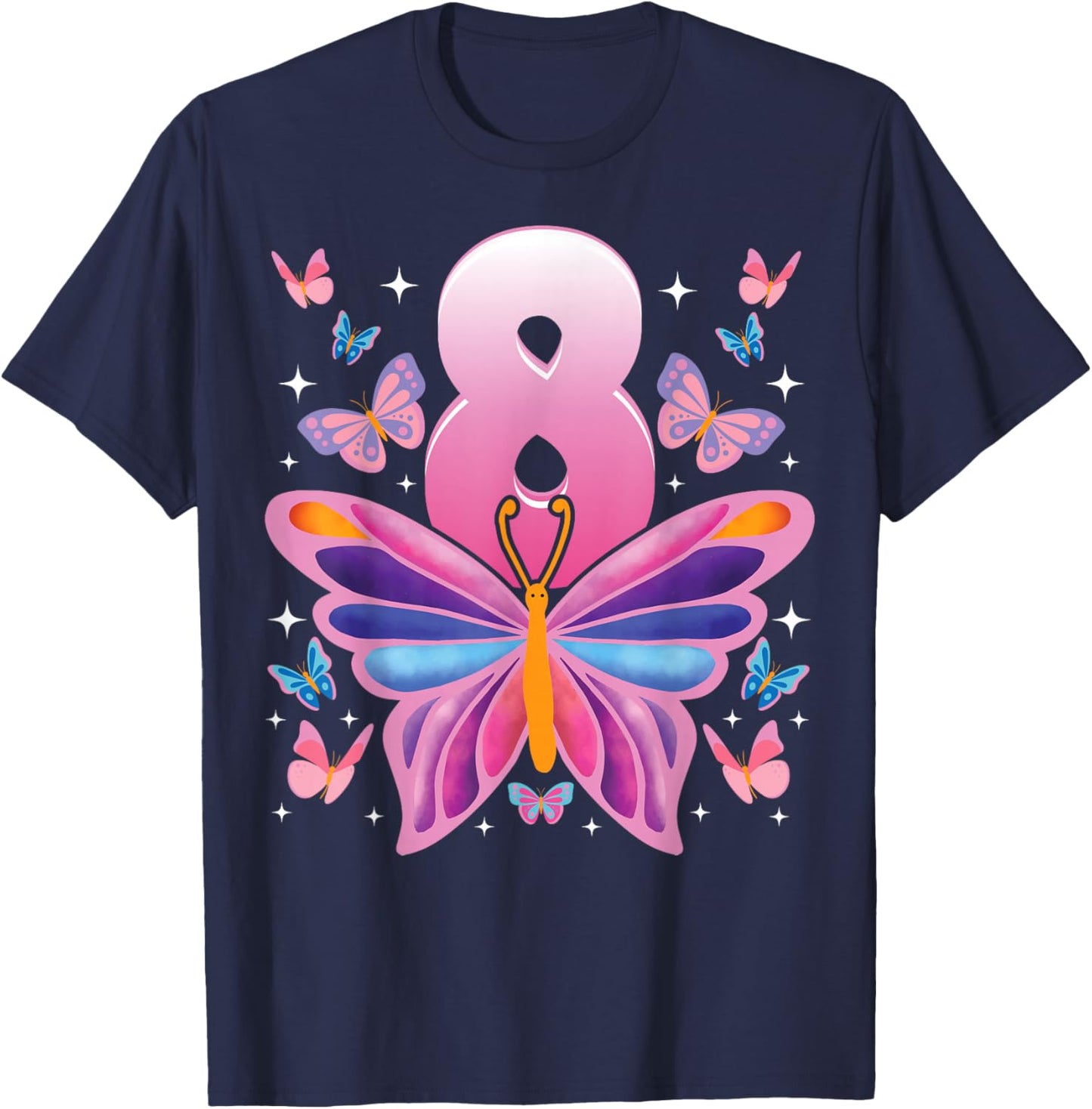 Kids 8 Years Old Cute Butterfly 8th Birthday Celebration T-Shirt - T-Shirt | Navy