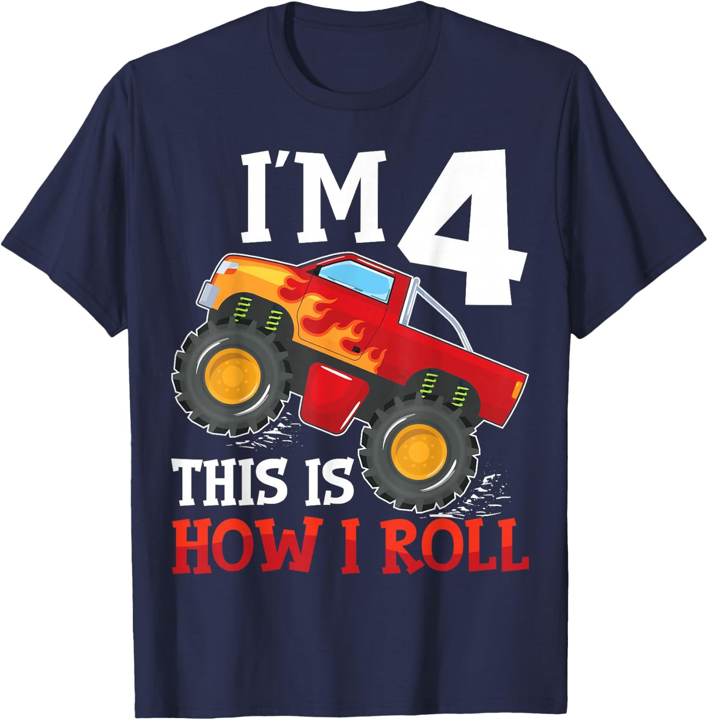 Four 4yr 4th Birthday Monster Truck Boy 4 Years Old T-Shirt - T-Shirt | Navy