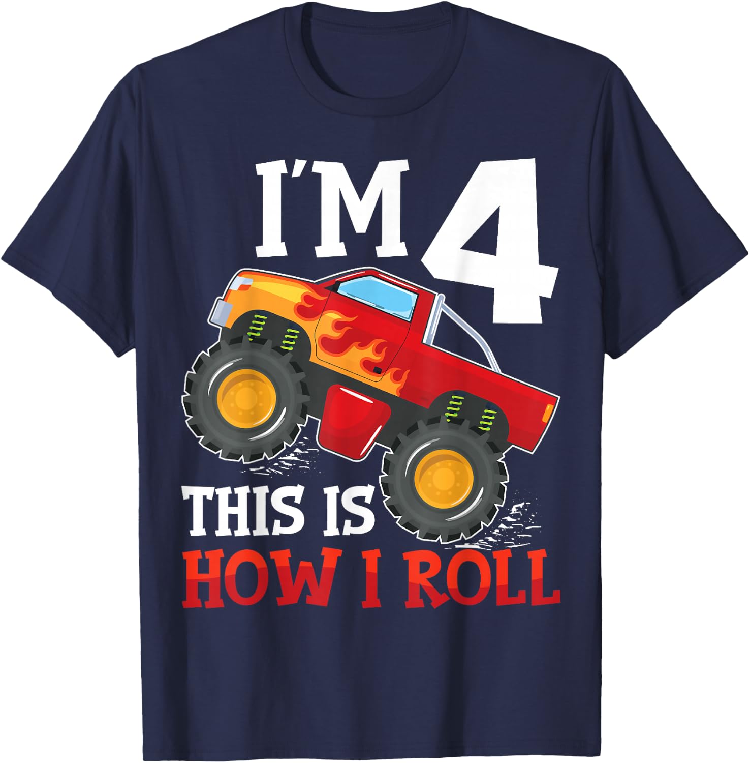 Four 4yr 4th Birthday Monster Truck Boy 4 Years Old T-Shirt - T-Shirt | Navy