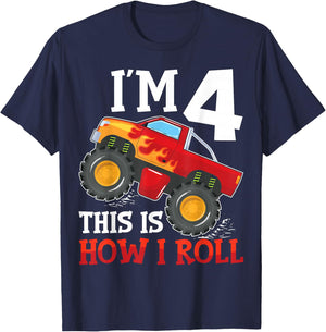 Four 4yr 4th Birthday Monster Truck Boy 4 Years Old T-Shirt - T-Shirt | Navy