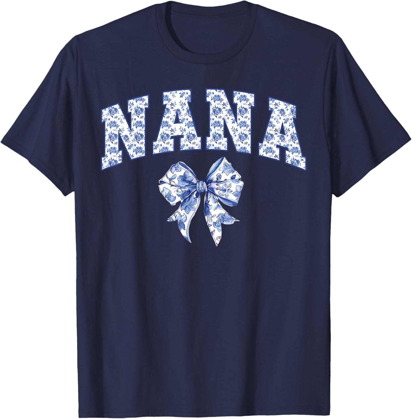 Nana Coquette Toile Blue Bow Floral Family Matching T-Shirt - T-Shirt | Navy