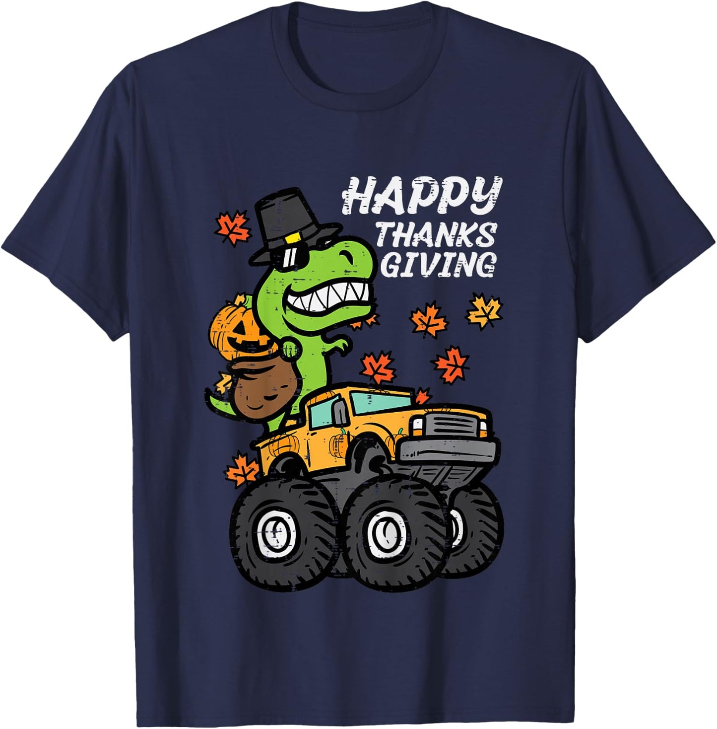 Kids Happy Thanksgiving Trex Monster Truck Fall Toddler Boys Kids T-Shirt - T-Shirt | Navy