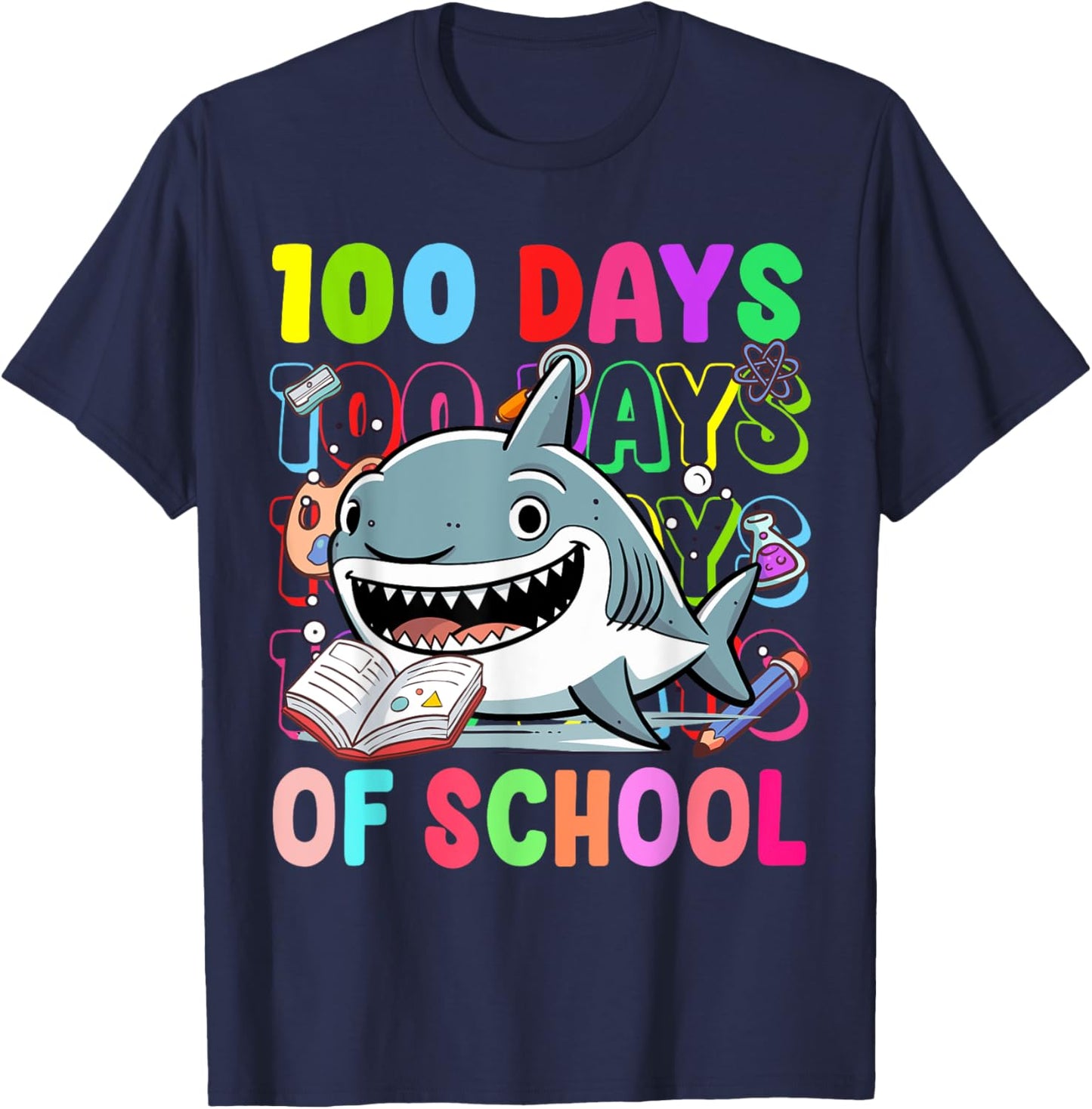100 Days Of School Shark Lovers Boy Girl Kids T-Shirt - T-Shirt | Navy