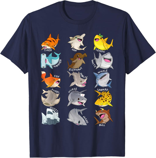 Shark Shirt Cute Types Of Sharks Marine Biology Funny Shark T-Shirt - T-Shirt | Navy