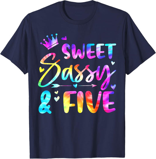 Sweet Sassy And Five Tie Dye 5th Bday 5 Years Old T-Shirt - T-Shirt | Navy