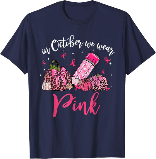 In October We Wear Pink Apple Teacher Daisy Breast Cancer T-Shirt - T-Shirt | Navy