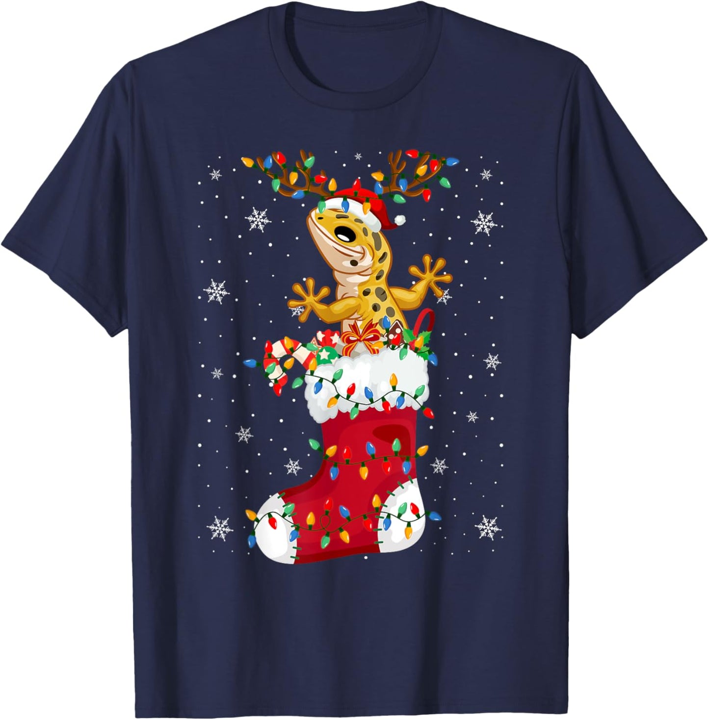 Santa Hat Leopard Gecko Animal In Socks Xmas Tree Lights T-Shirt - T-Shirt | Navy