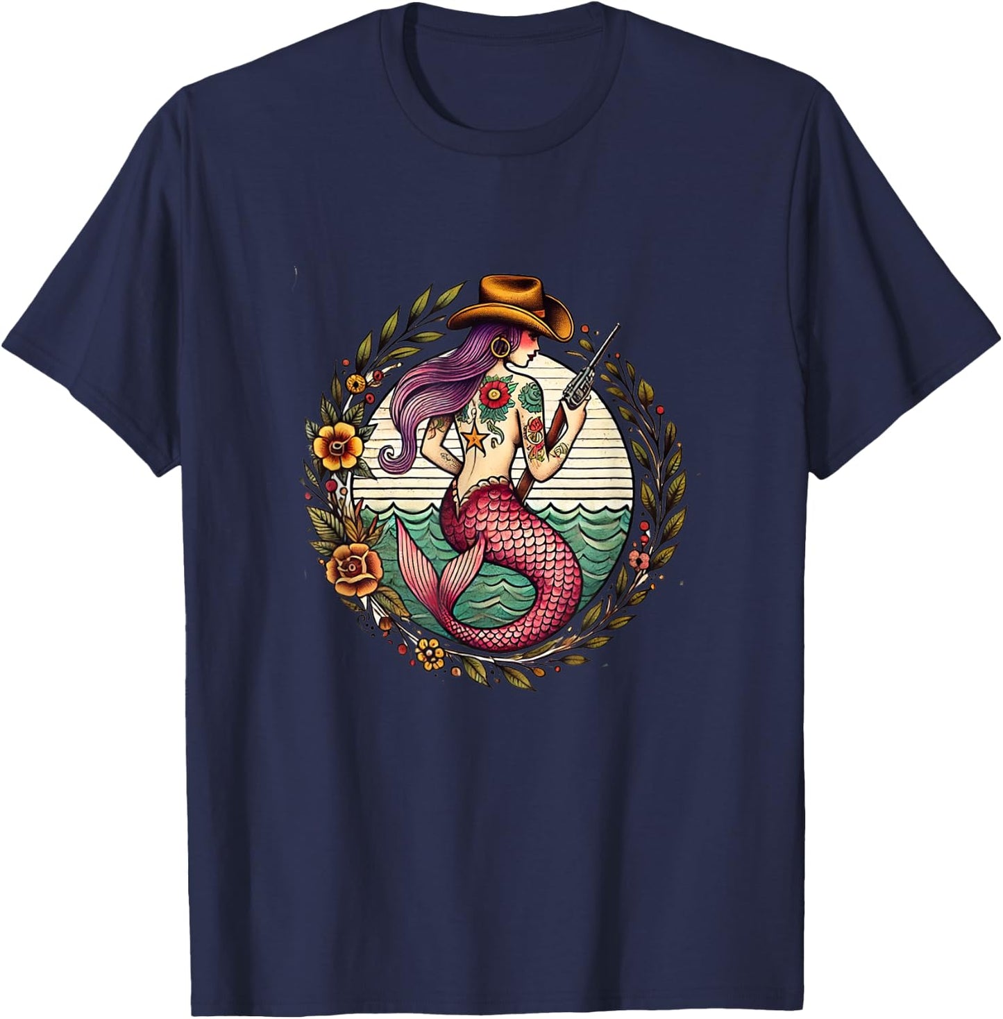Art Nouveau Cowgirl Mermaid illustration T-Shirt - T-Shirt | Navy