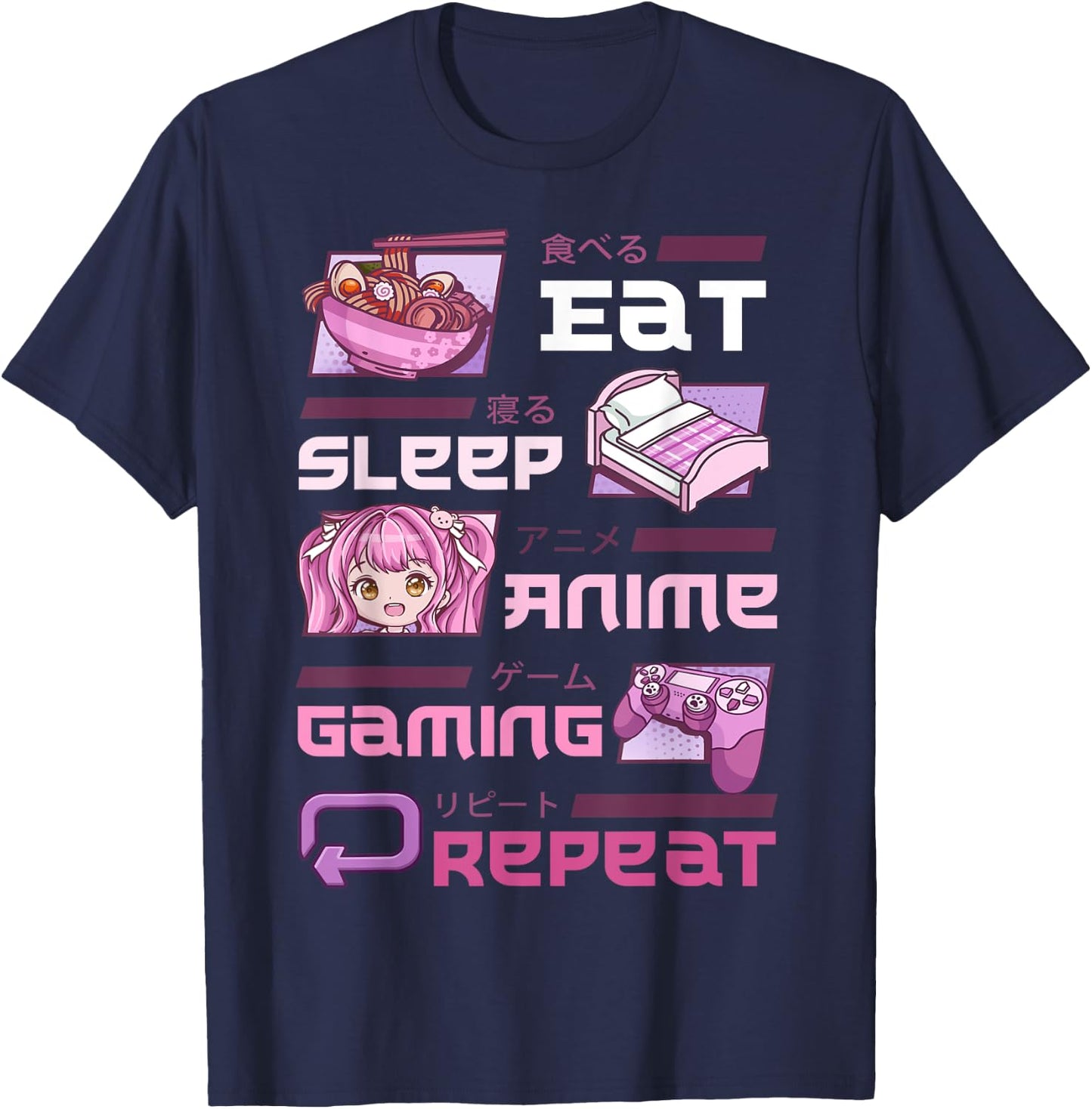 Gamer Gaming Video Games Funny Eat Sleep Anime Gaming Repeat T-Shirt - T-Shirt | Navy