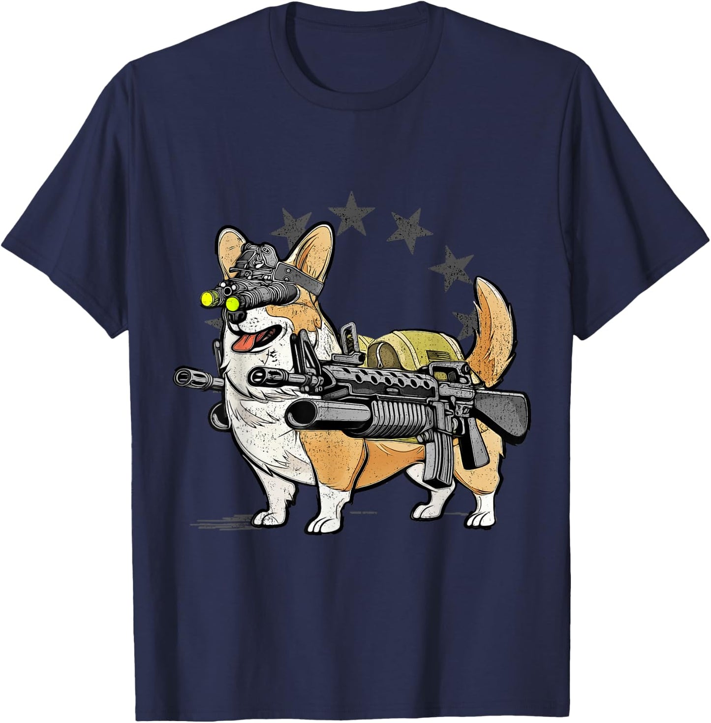 1 Nation -Adults Combat Corgi Patriotic Cartoon , Black, Small, Short Sleeve T-Shirt - T-Shirt | Navy