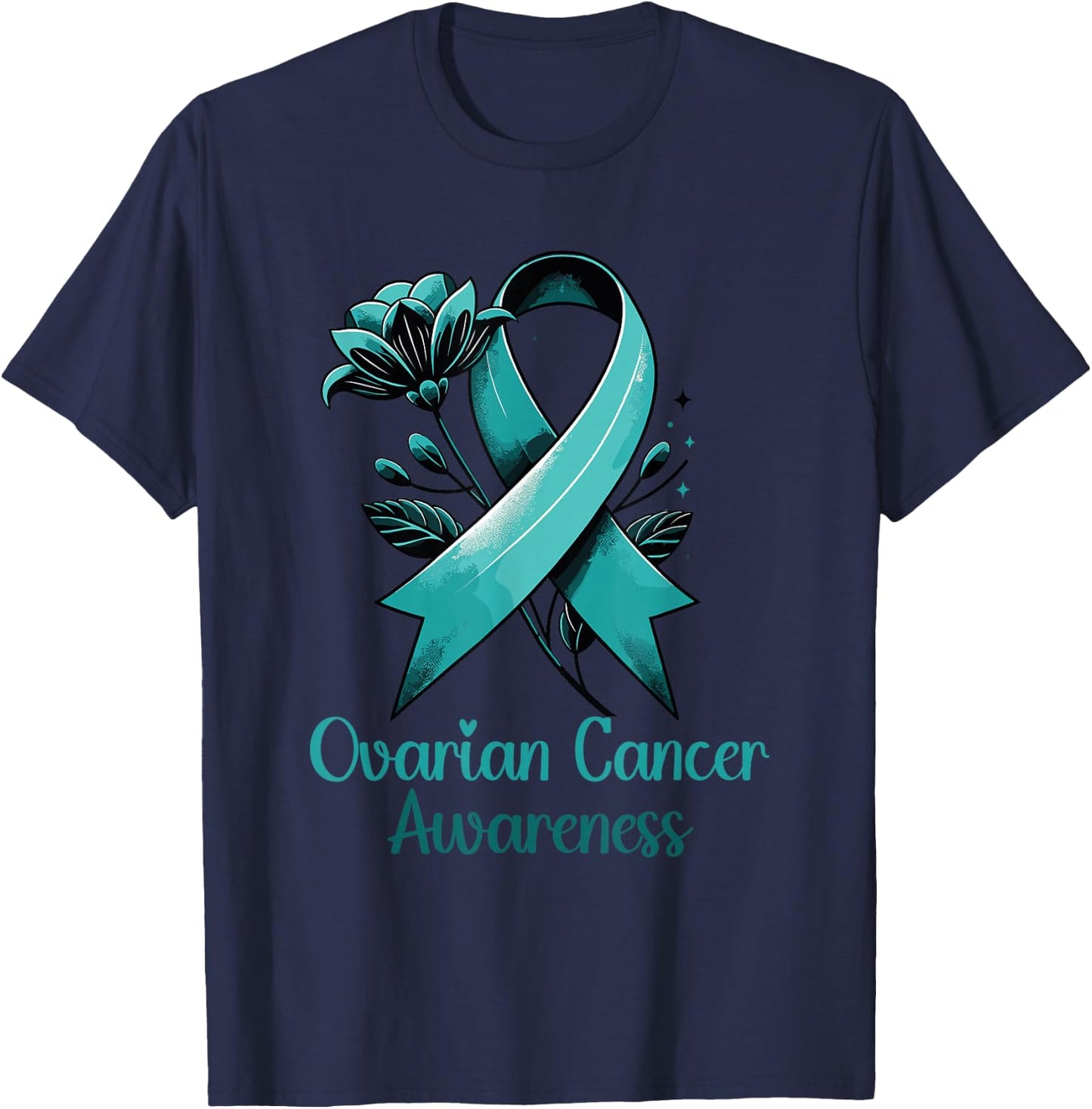 Elegant Teal Ribbon for Ovarian Cancer Awareness T-Shirt - T-Shirt | Navy