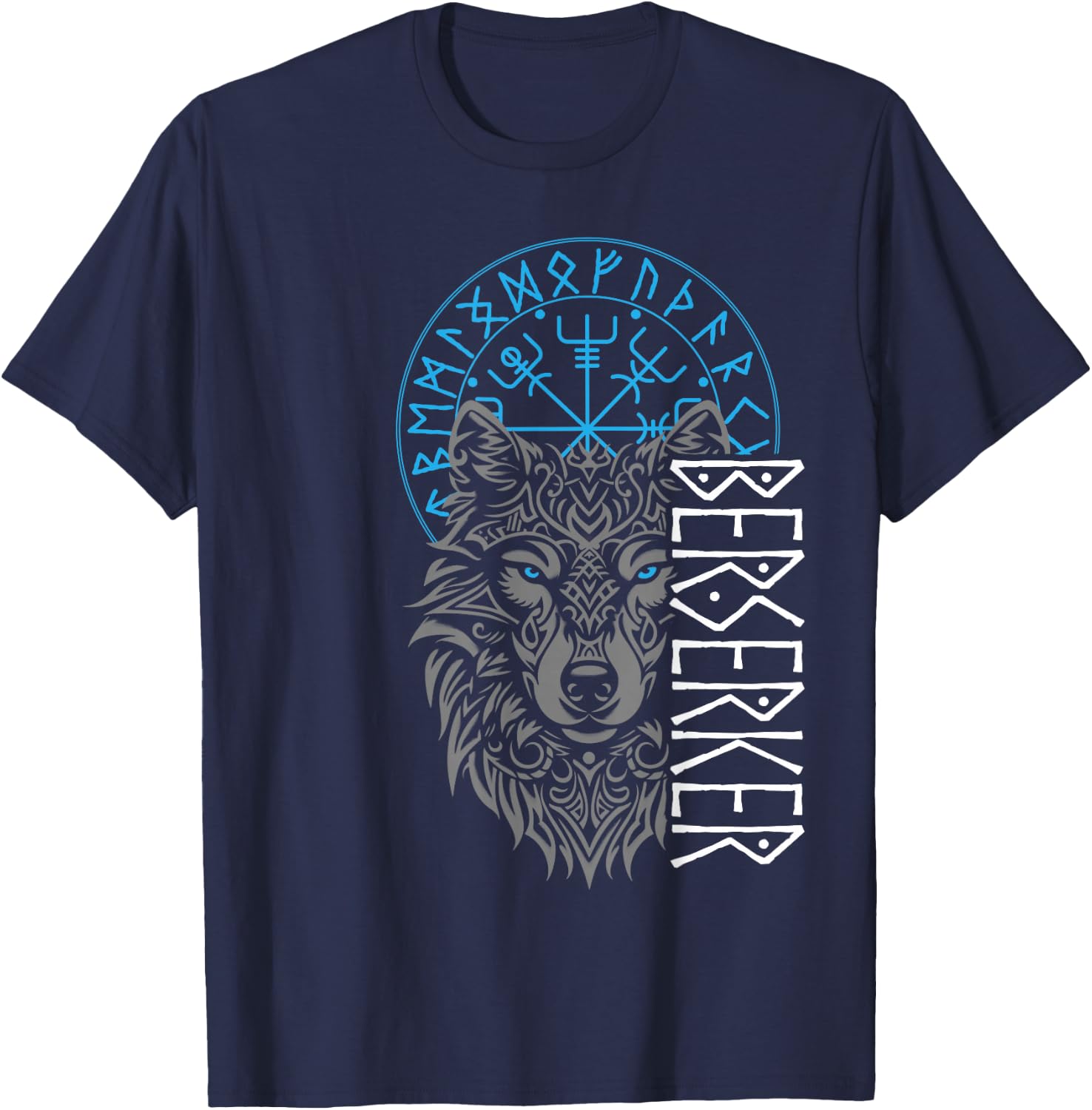 Berserker & Viking Compass - Nordic Wolf Design , Small, Black T-Shirt - T-Shirt | Navy