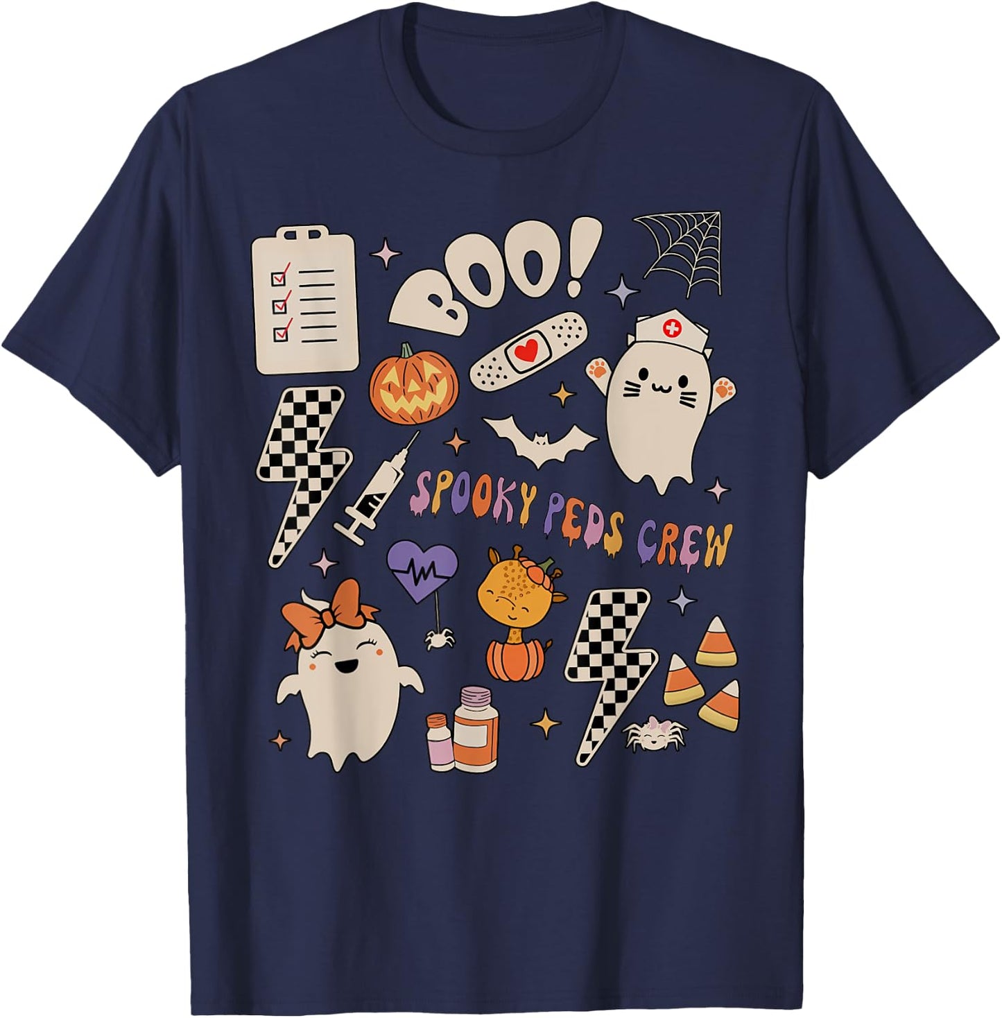 Boo Spooky PEDS Crew Ghost Pediatric Nurse Halloween T-Shirt - T-Shirt | Navy