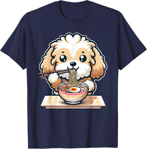 Cute Kawaii Cockapoo Eating Ramen Noodles Food Dog Lovers T-Shirt - T-Shirt | Navy